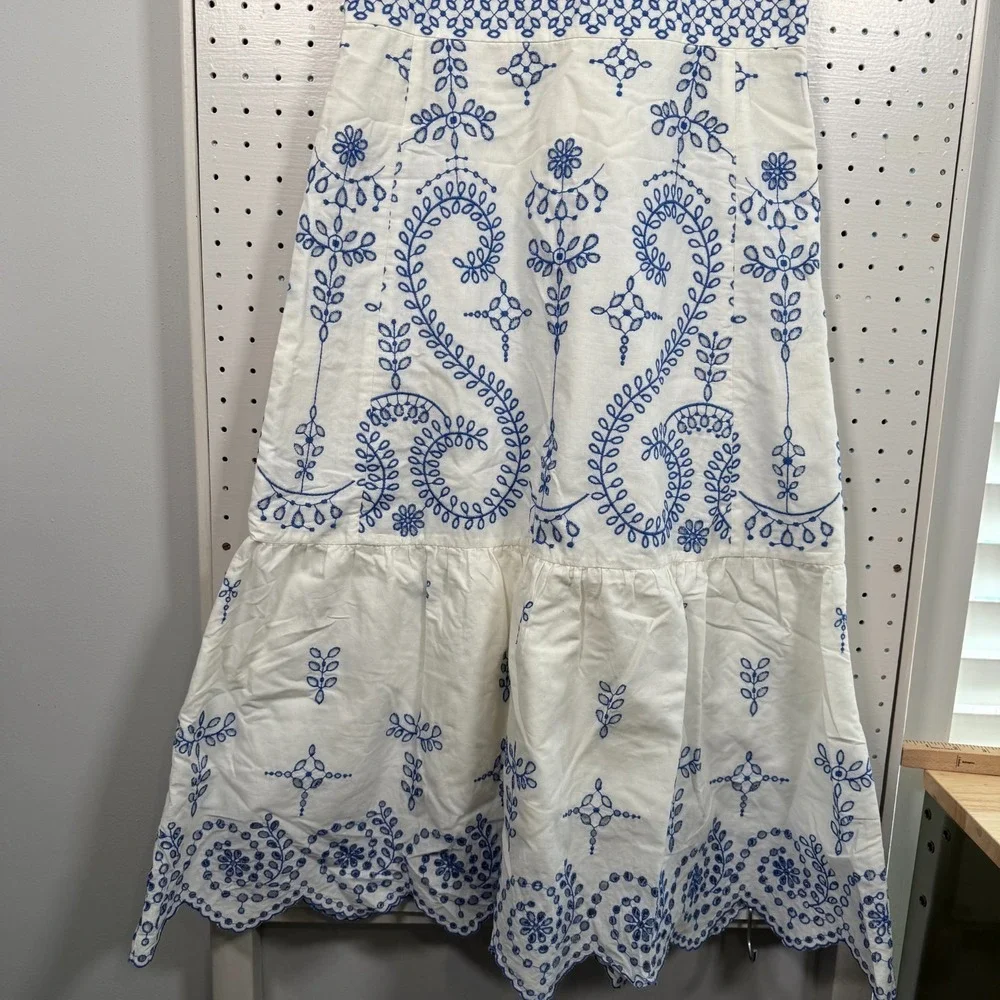 Tory Burch Floral Mariana Dress Womens Blue‎ White Embroidered Scallop Hem - 4
